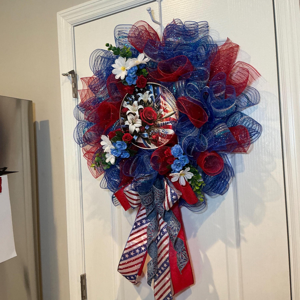 16 Inch Patriotic Floral Flag Wreath with Roses, Hydrangeas and Stars Stripes Bow