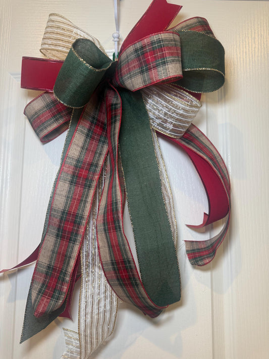 Handmade Designer Christmas Bow, Plaid, Red, Green, Gold Ribbon (13 Inch Wide)