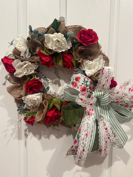 Red White Rose Burlap Wreath, Farmhouse Front Door Decor, Floral Ribbon Bow, Handmade