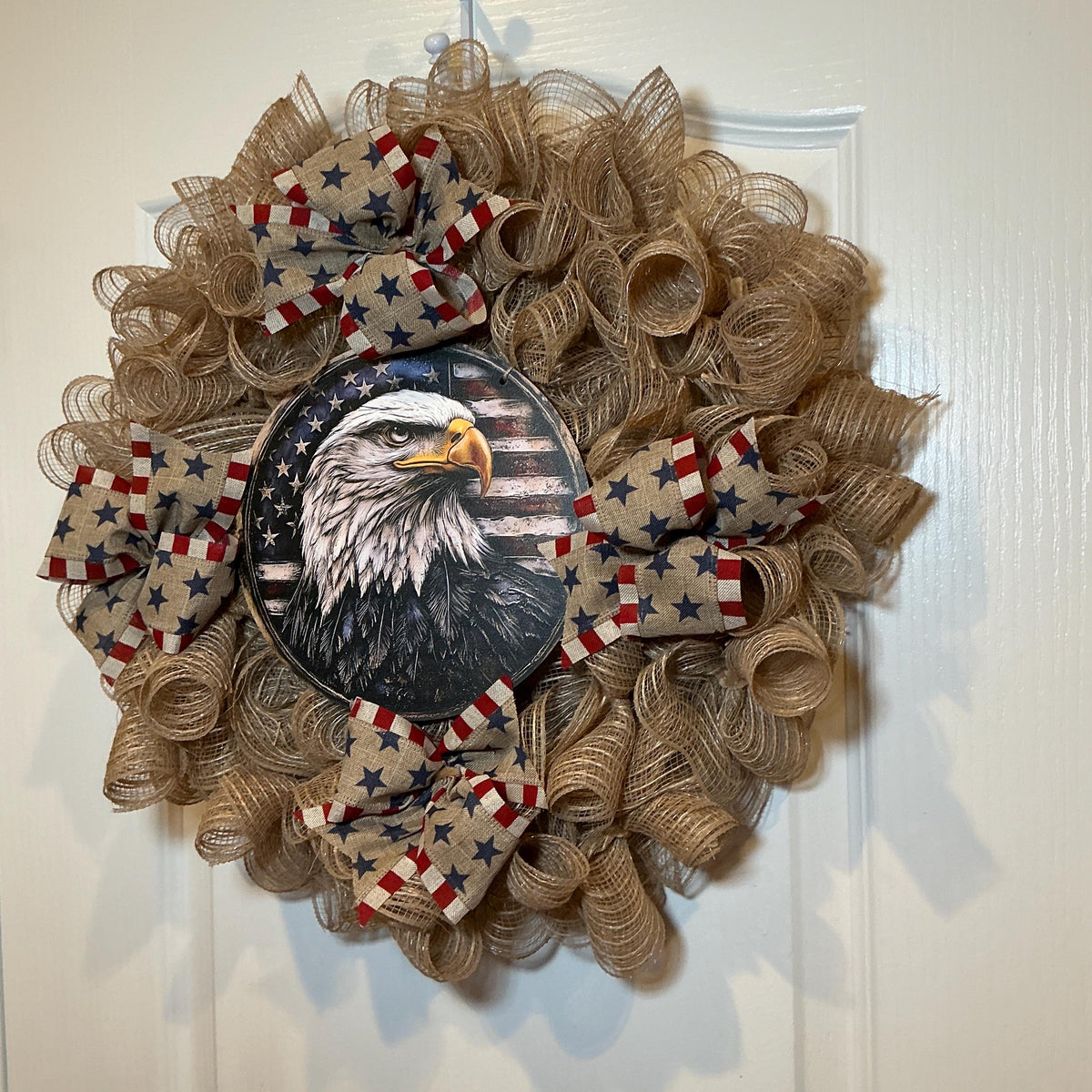 Eagle Portrait Medallion Wreath, Farmhouse Burlap Americana, Fourth of July American Flag Decor