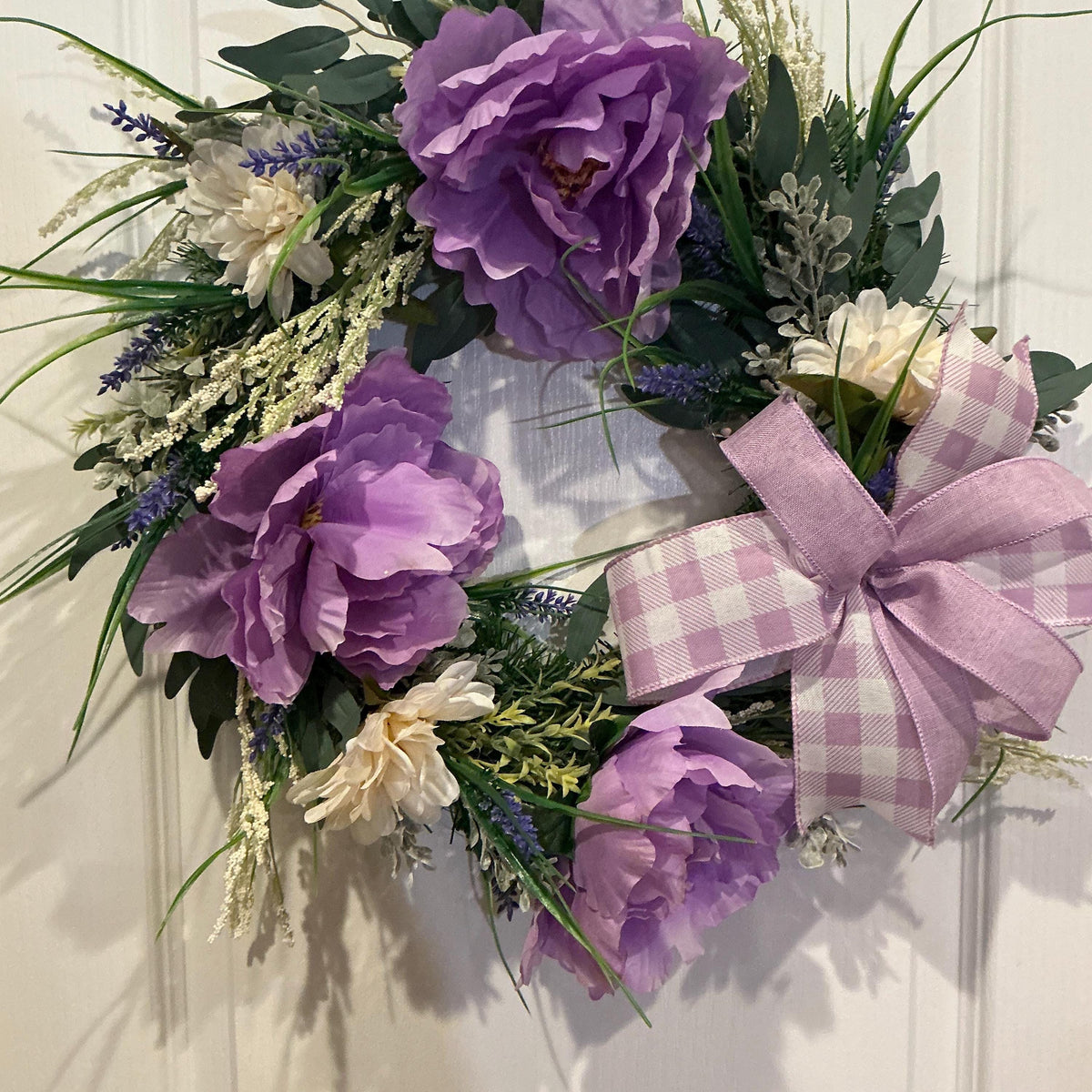 Lavender Peony Wreath, Farmhouse Floral Door Decor, Buffalo Plaid Bow