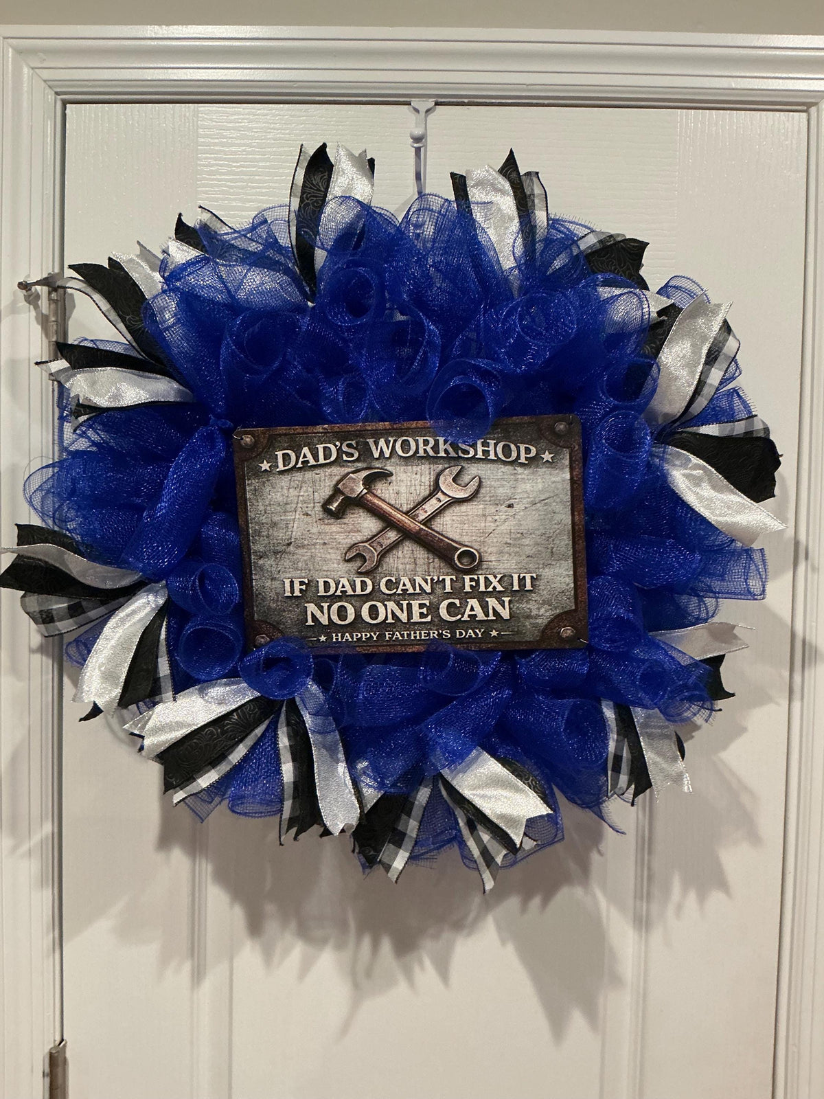 Dad’s Workshop Father’s Day Wreath, If Dad Can’t Fix It No One Can, Man Cave Door Decor, Handmade Gift for Him