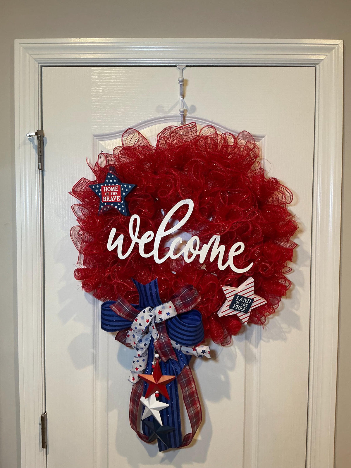 Deco Mesh Welcome Wreath, Home of the Brave Star Decor, Red White Blue Front Door, Land of the Free, Fourth of July Handmade NC