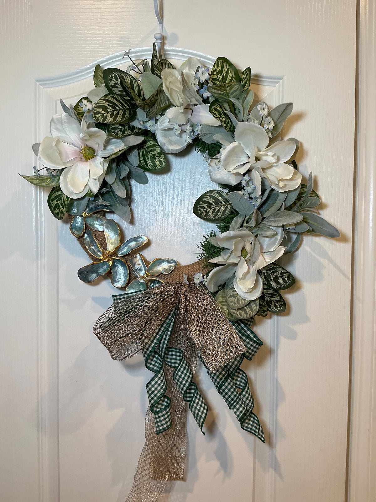 White Magnolia Wreath, Green Gingham Bow, Year-Round Farmhouse Door Decor