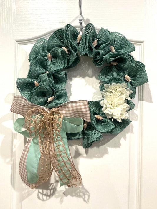 Teal Burlap Coastal Wreath with Dahlia, Seashells and Gingham Bow, Beach House Decor