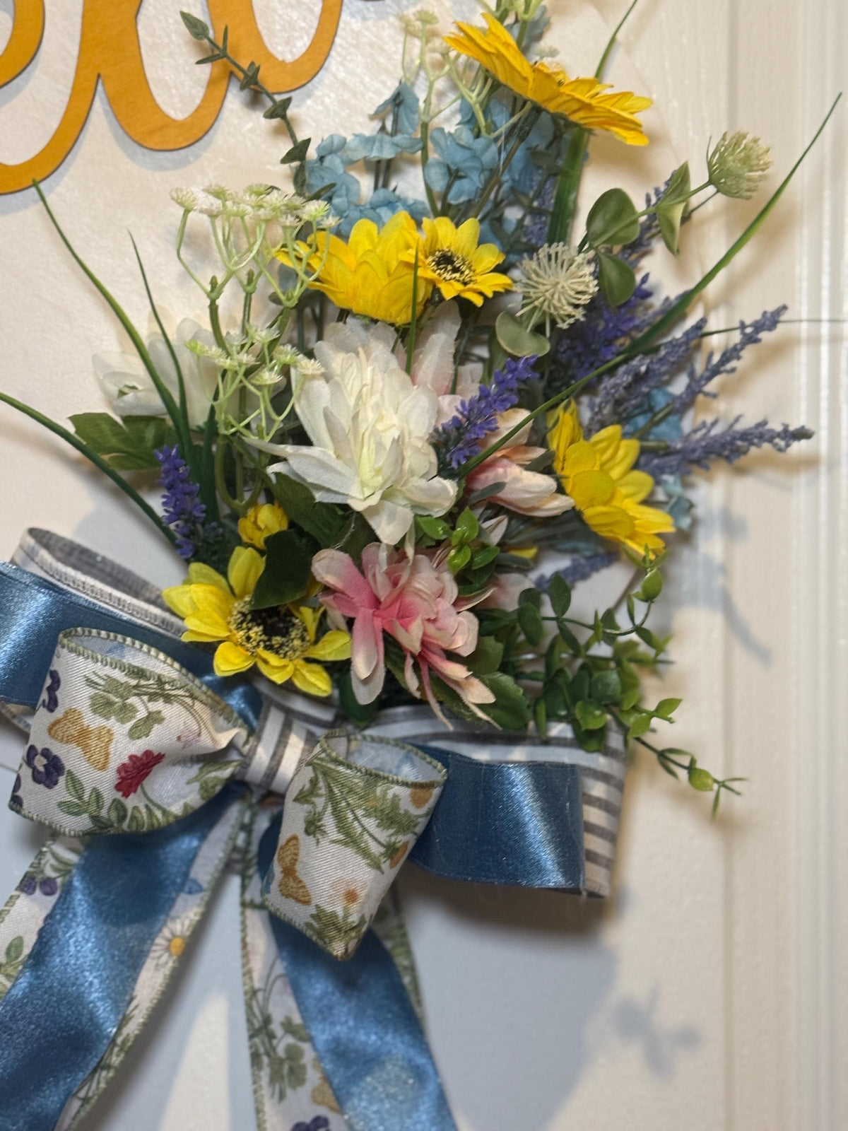 Blue Yellow White Hello Spring Floral Wreath with Handmade Bow, Front Door Decor
