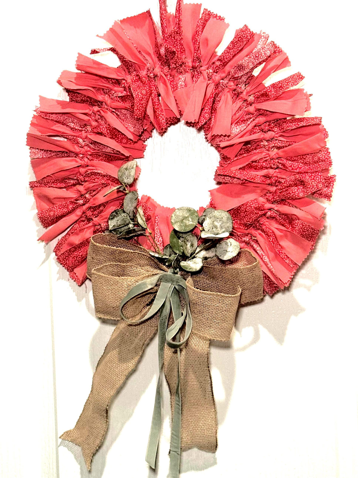13 Inch Coral Red Fabric Rag Wreath with Burlap Bow, Rustic Farmhouse Door Decor