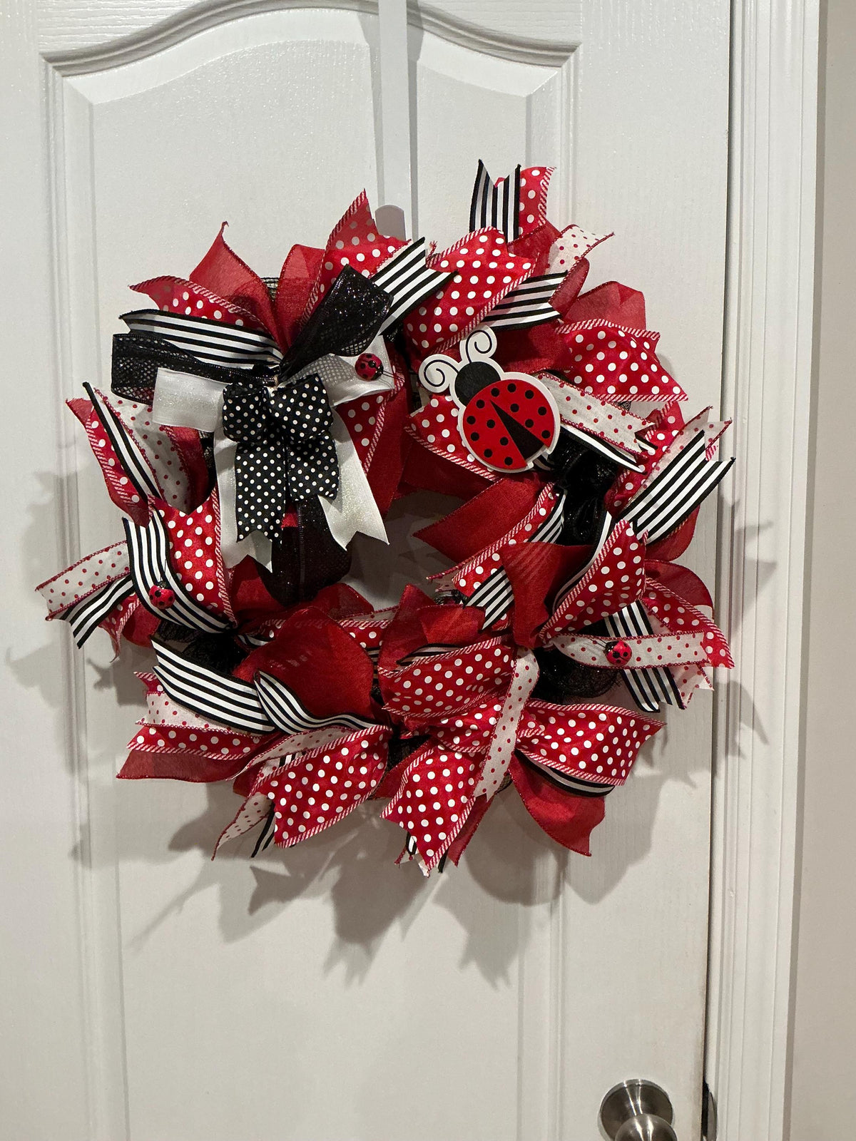 Handmade Ladybug Wreath, Red Black White Polka Dot Ribbon Door Decor, Wooden Ladybug Sign, Spring Summer Farmhouse Wreath, Entryway Gift"