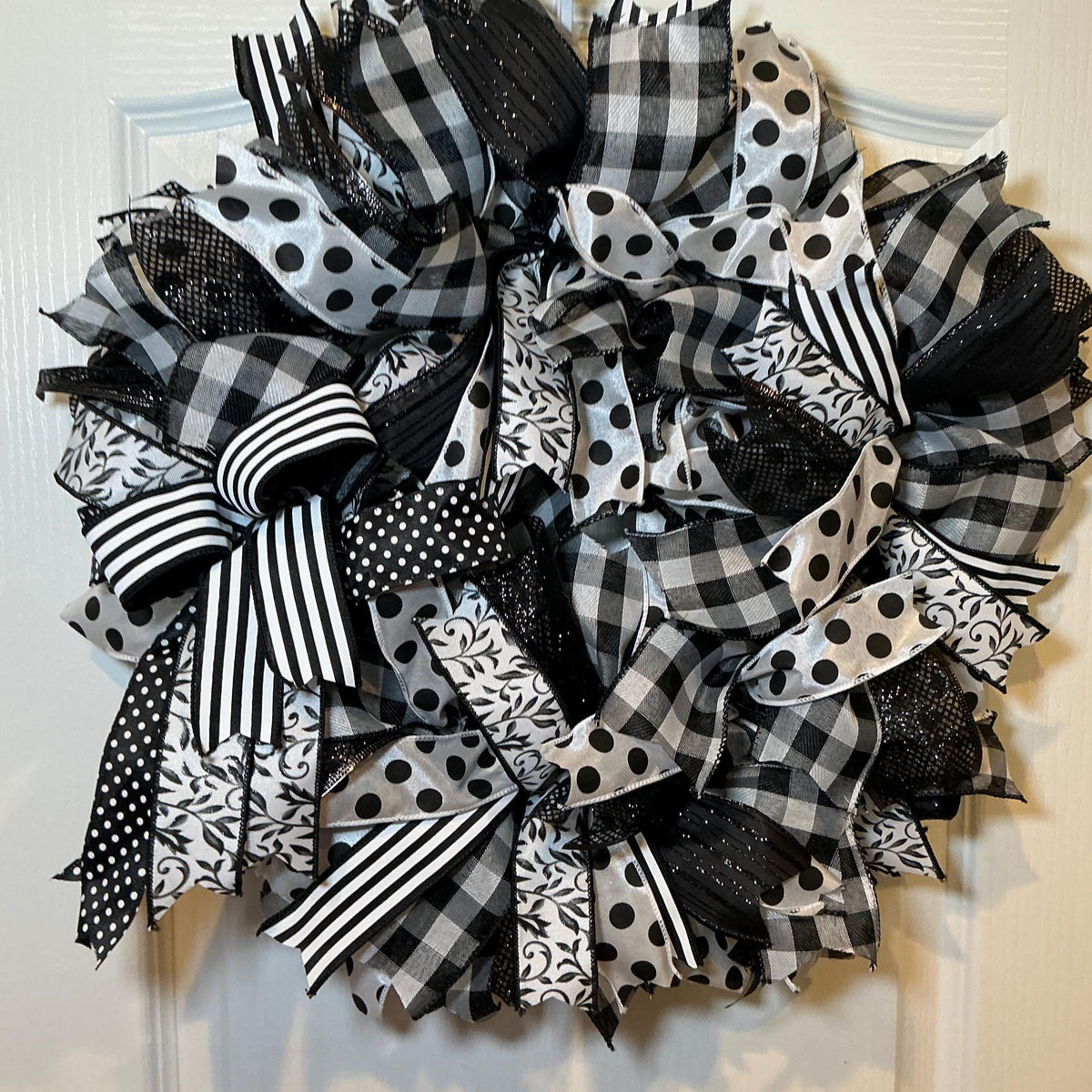 Polka Dot Ribbon Wreath, Black White Buffalo Check Farmhouse Decor, Year Round Front Door Wreath, Modern Handmade Gift