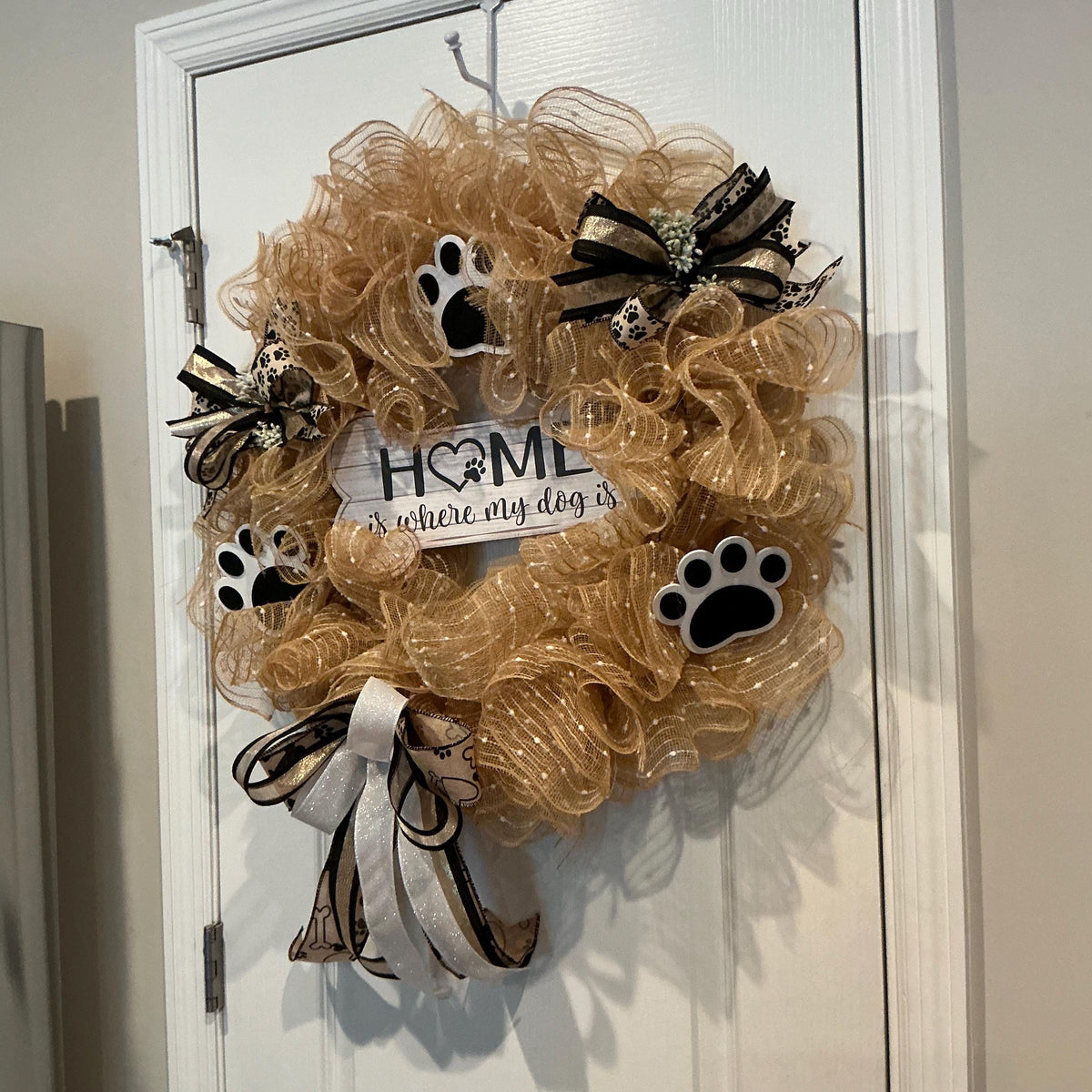 Home Is Where My Dog Is Wreath with Paw Prints, Farmhouse Dog Mom Door Decor