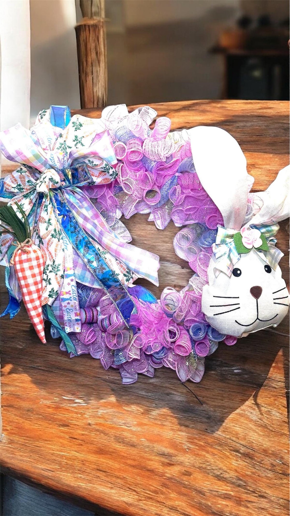 Pastel Easter Bunny Wreath, Gingham Carrot, Spring Door Decor