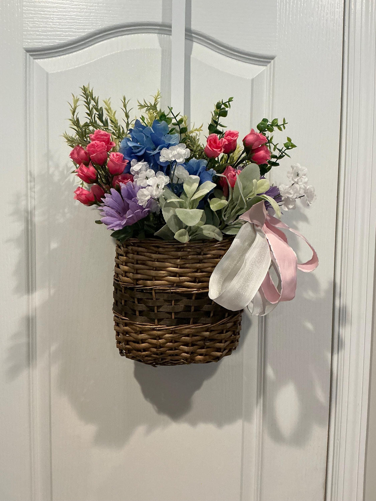 Blue Hydrangea Lavender Basket, Wicker Spring Floral Arrangement, Farmhouse Easter Mother’s Day Gift