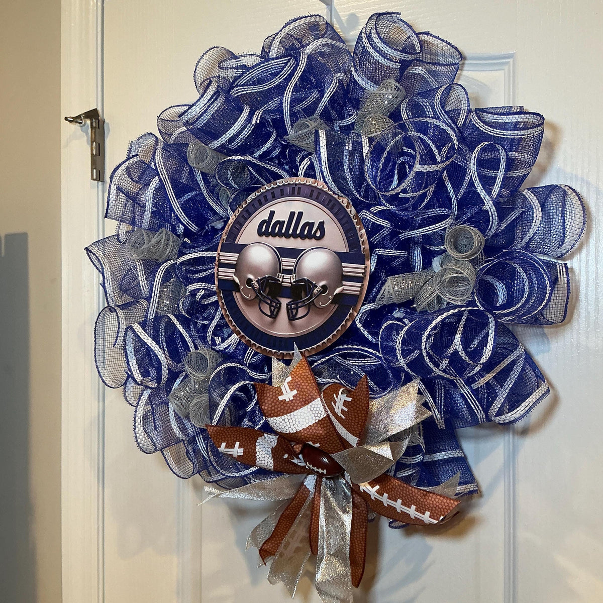 Navy Silver Star Football Wreath with Helmet Sign, Game Day Man Cave Decor