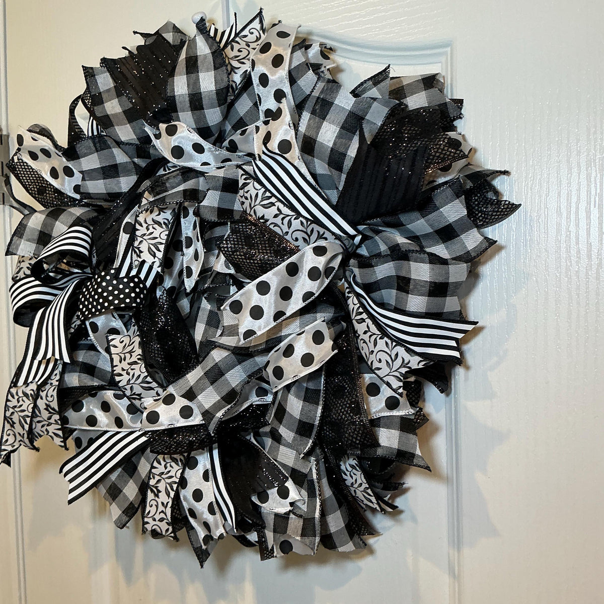 Polka Dot Ribbon Wreath, Black White Buffalo Check Farmhouse Decor, Year Round Front Door Wreath, Modern Handmade Gift
