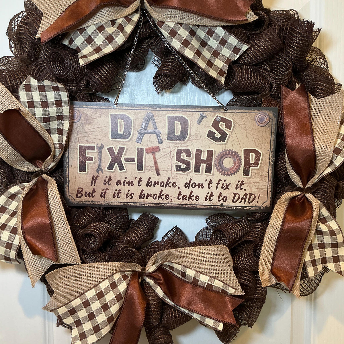 Fix-It Shop Sign Wreath, Dad’s Workshop Father’s Day Man Cave Decor, Handmade Brown Buffalo Check