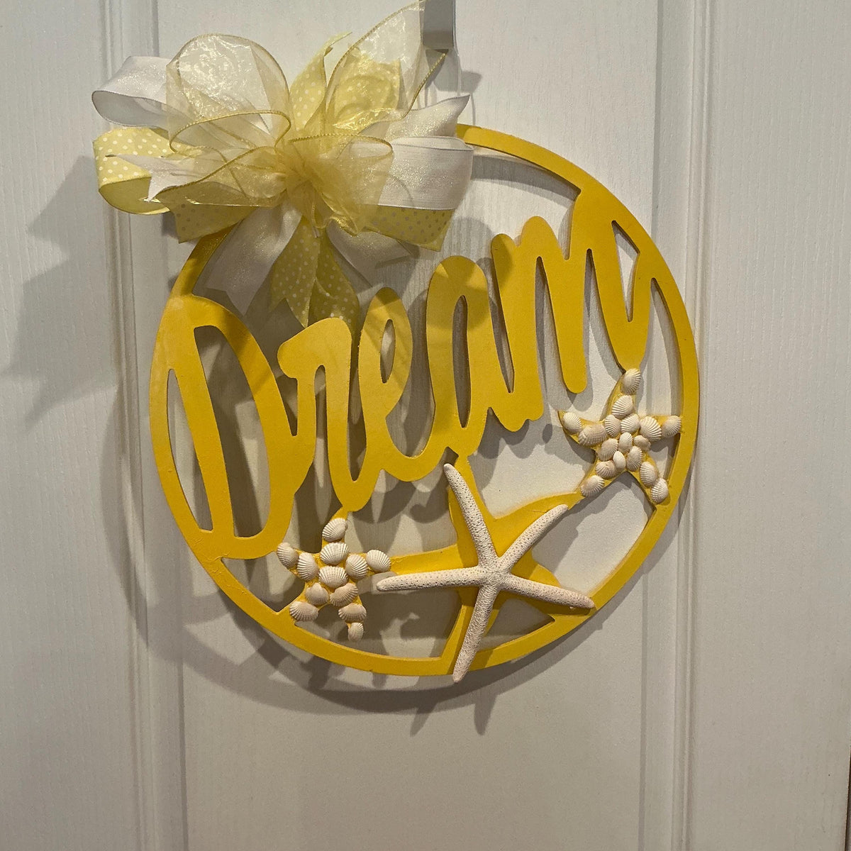 Yellow Wood Door Hanger, Coastal Beach Decor, Starfish Shell Summer Sign