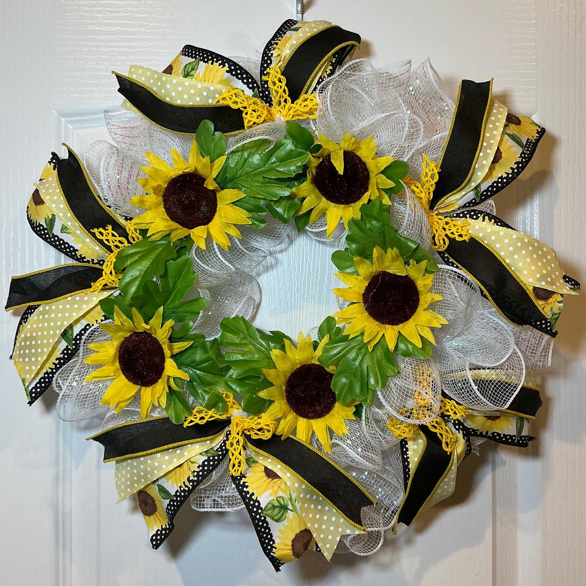 Sunflower Wreath, 12 Inch Black Yellow Polka Dot Bow on White Mesh