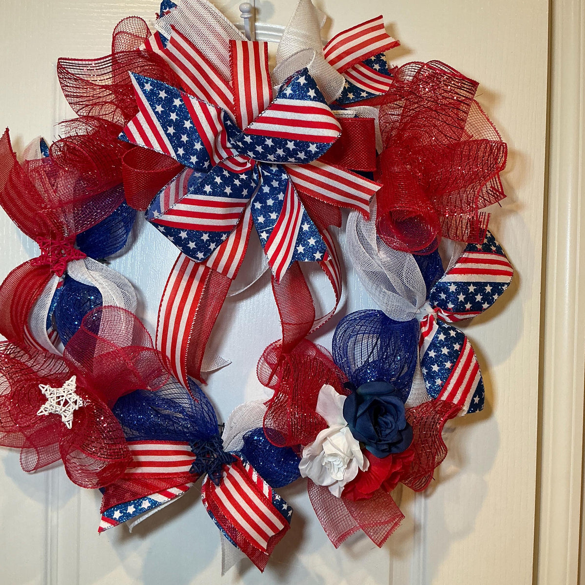 Red White Blue Flag Bow Rose Wreath, Stars and Stripes Americana Door Decor