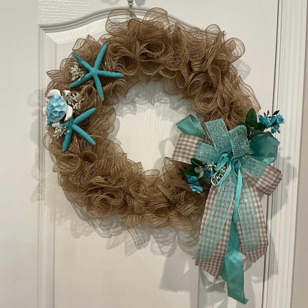 Coastal Burlap Wreath, Sea Turtle Starfish, Teal Beach House Decor, Nautical Summer Door Wreath