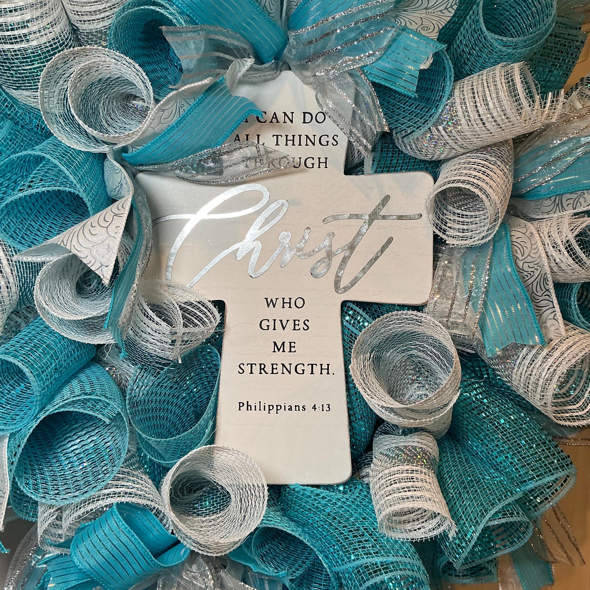 Philippians 4:13 Cross Wreath, Teal Silver Faith Scripture Decor, Christian Church Gift