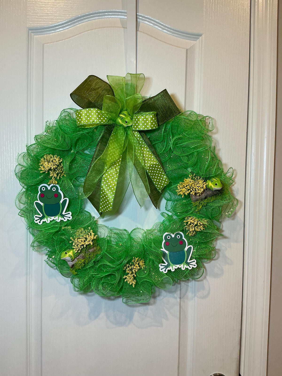 Handmade Frog Wreath, Whimsical Spring Garden Decor, Front Door Accent