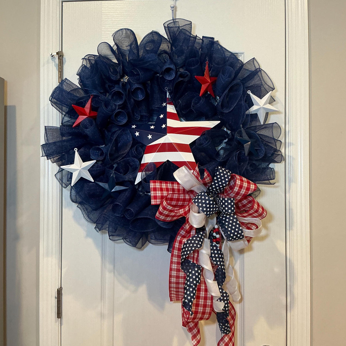 Navy Blue Americana Wreath, 4th of July Wreath for Front Door, Flag Star Sign, Metal Stars, Red Gingham Bow