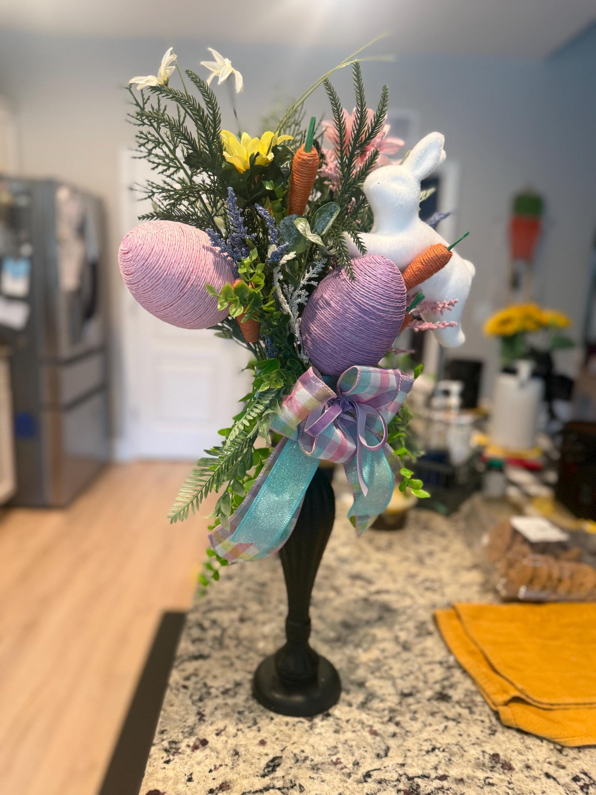 Handmade Pastel Easter Bunny Floral Centerpiece, Spring Decor Pedestal Arrangement