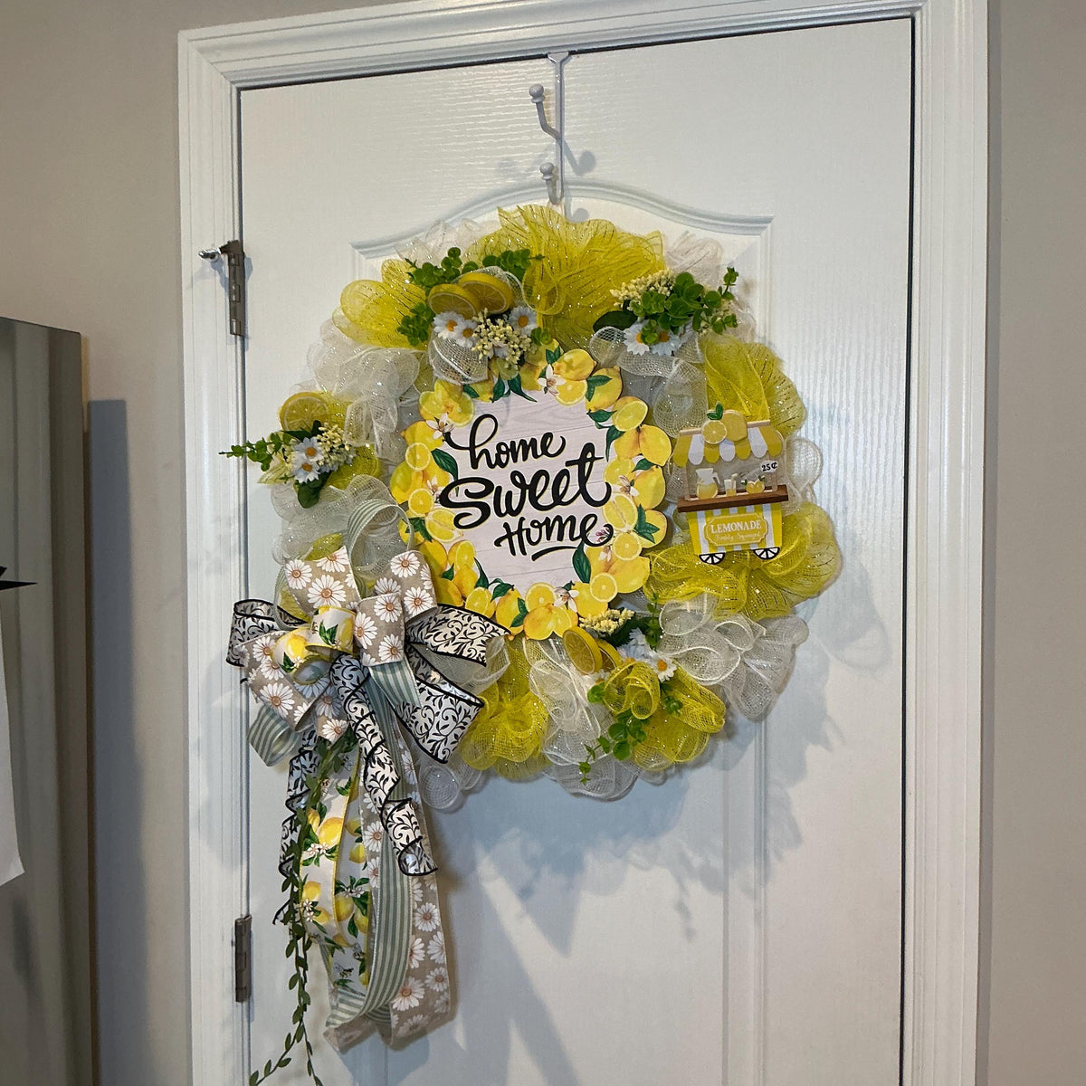 Lemon Deco Mesh Wreath, 18 Inch Home Sweet Home Sign with Daisy Bow