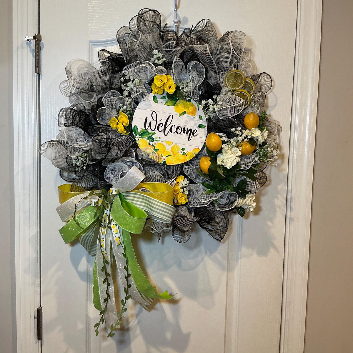 Black and White Lemon Deco Mesh Wreath, Handmade Summer Front Door Decor
