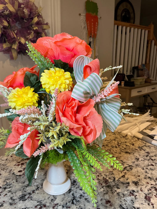 Coral Rose Floral Arrangement, Faux Flowers, Farmhouse Centerpiece, Cottagecore Decor