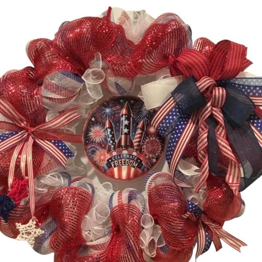 Celebrate Freedom Americana Door Sign, Red White Blue Fourth of July Decor