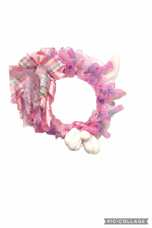 Easter Bunny Mesh Wreath, Pink Deco Mesh Spring Door Decor Wreath, Pastel Easter Decor, Bunny Ear Front Door Wreath, Handmade Easter Decor
