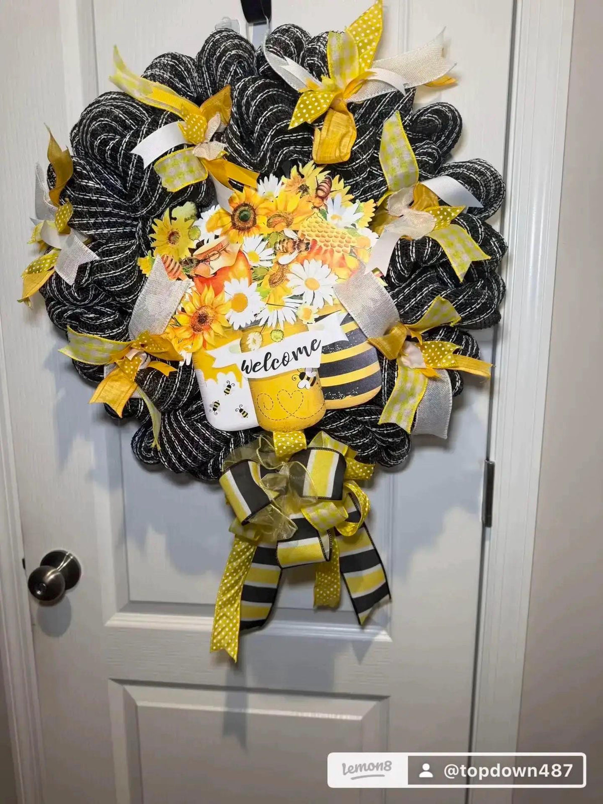 Honey Bee Welcome Wreath, Sunflower Daisy Front Door Decor, Yellow Black Mesh, Handmade Spring Gift
