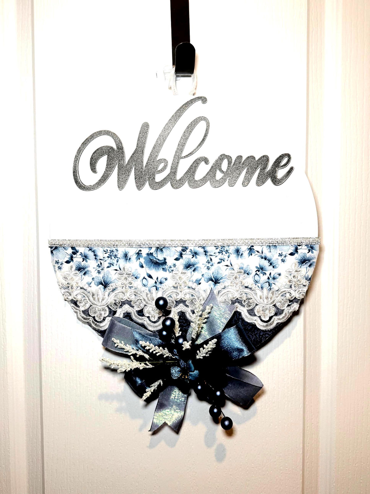 French Country Door Hanger with Blue Welcome Sign and Chinoiserie Florals