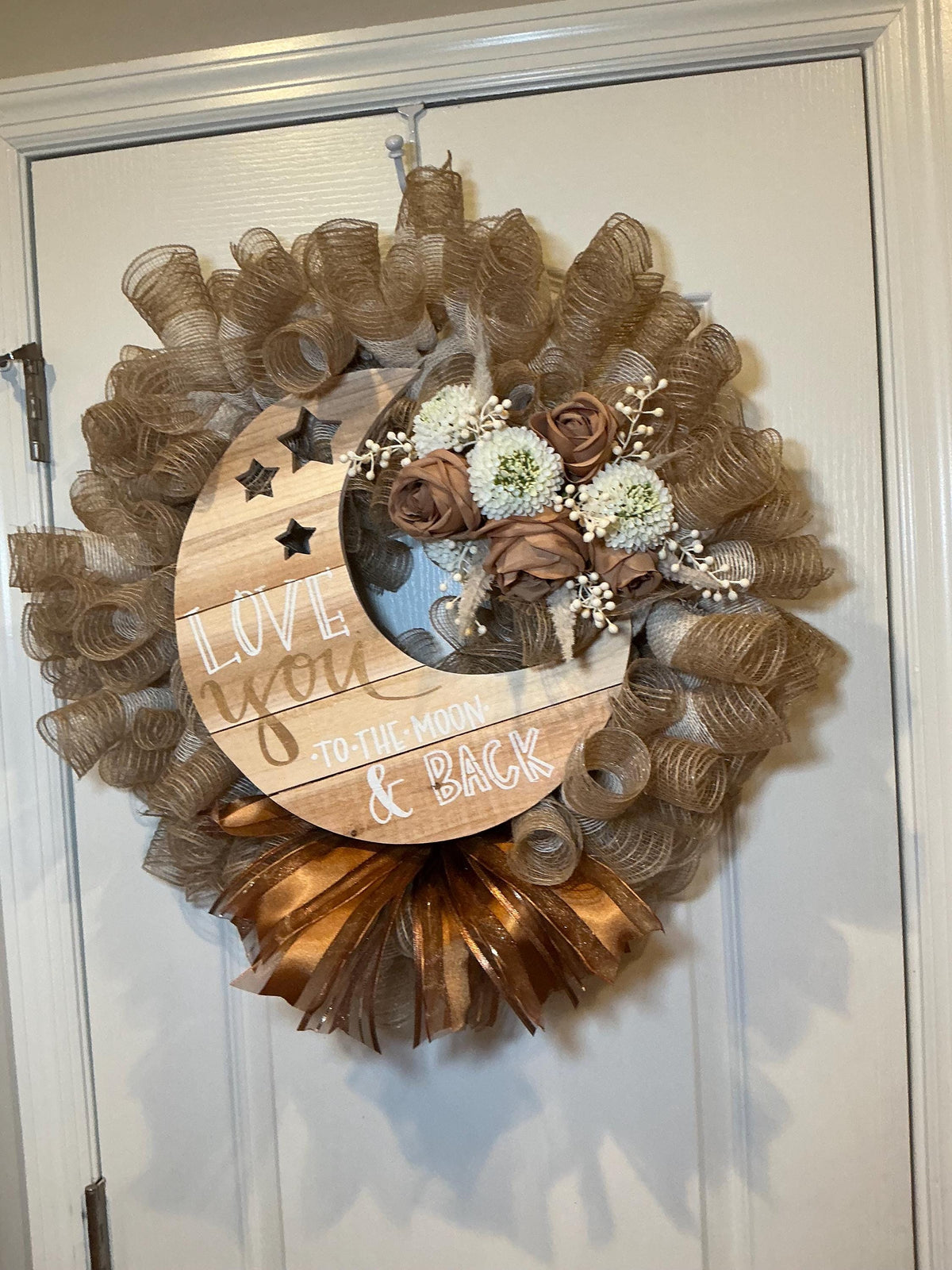 Love You to the Moon Wreath, Farmhouse Front Door Wreath, Burlap Wreath, Caramel Rose Wreath, Wood Moon Sign, Romantic Home Decor