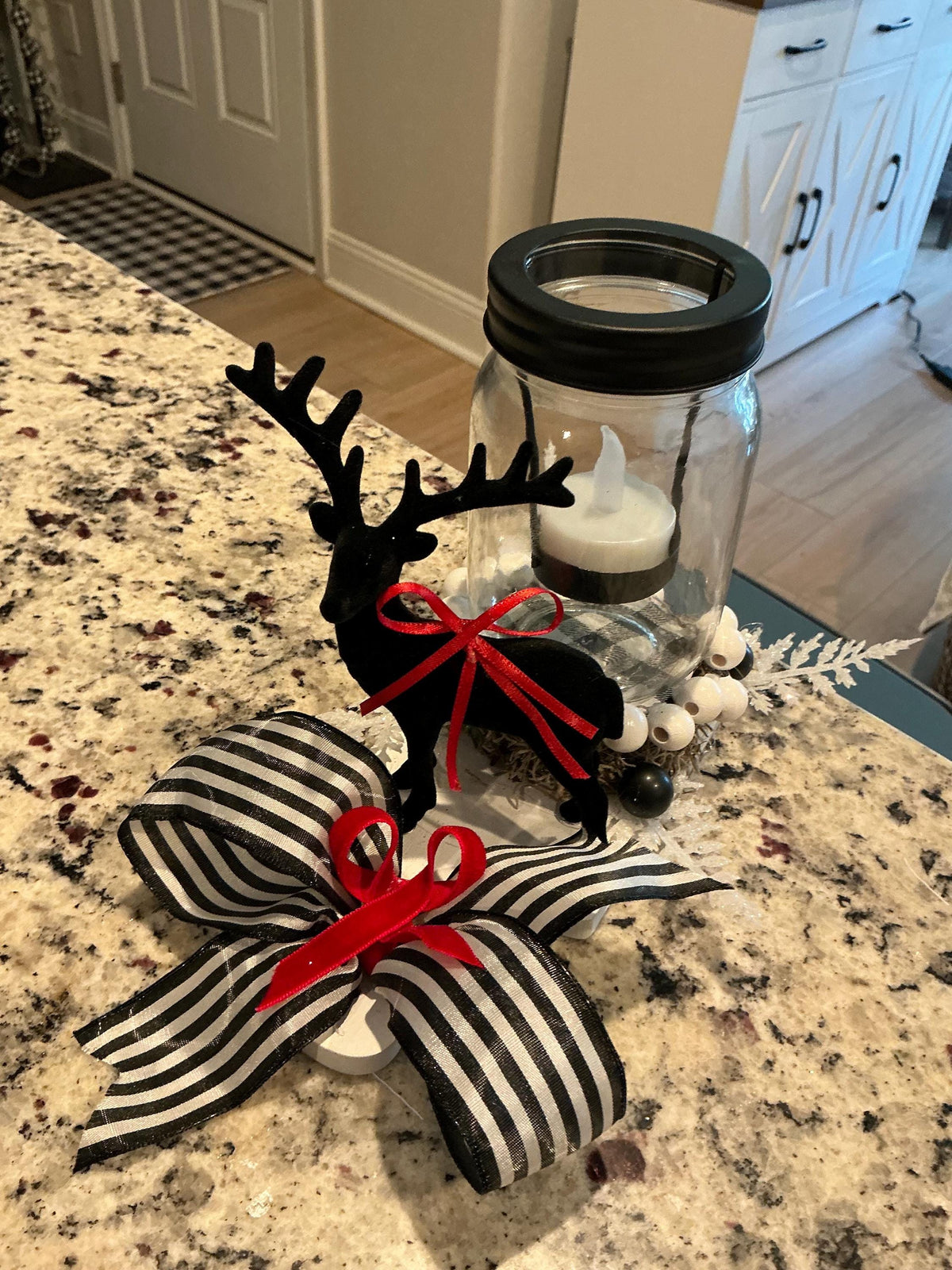 Farmhouse Christmas Lantern Centerpiece, Black Reindeer, Buffalo Ribbon, Wood Base