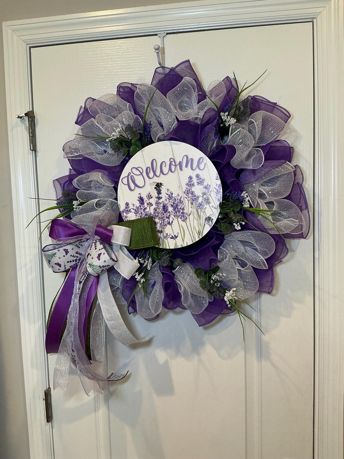 Lavender Wreath, Purple Bee Garden Decor, Designer Pearl Bow, Spring Front Door Wreath