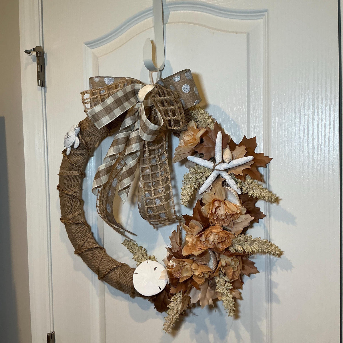 Coastal Burlap Wreath, 18 Inch Starfish Sand Dollar and Sea Turtle Door Decor