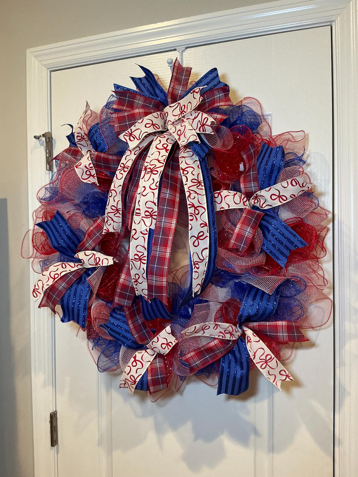 Red White Blue USA Wreath, Deco Mesh Fourth of July Front Door Decor, Americana Ribbon Bow