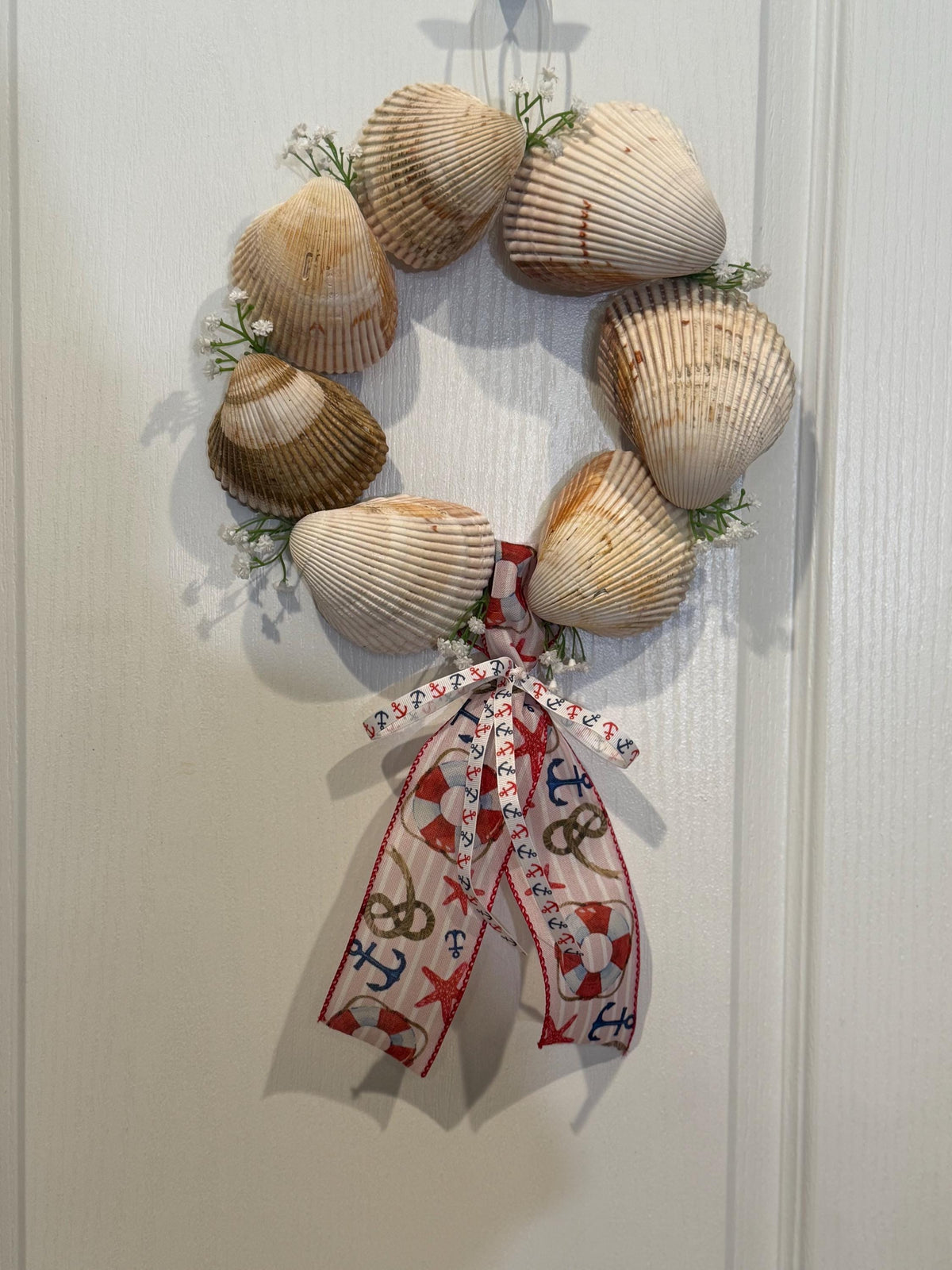 Seashell Wreath, Nautical Ribbon, Coastal Beach Decor, Door Hanger