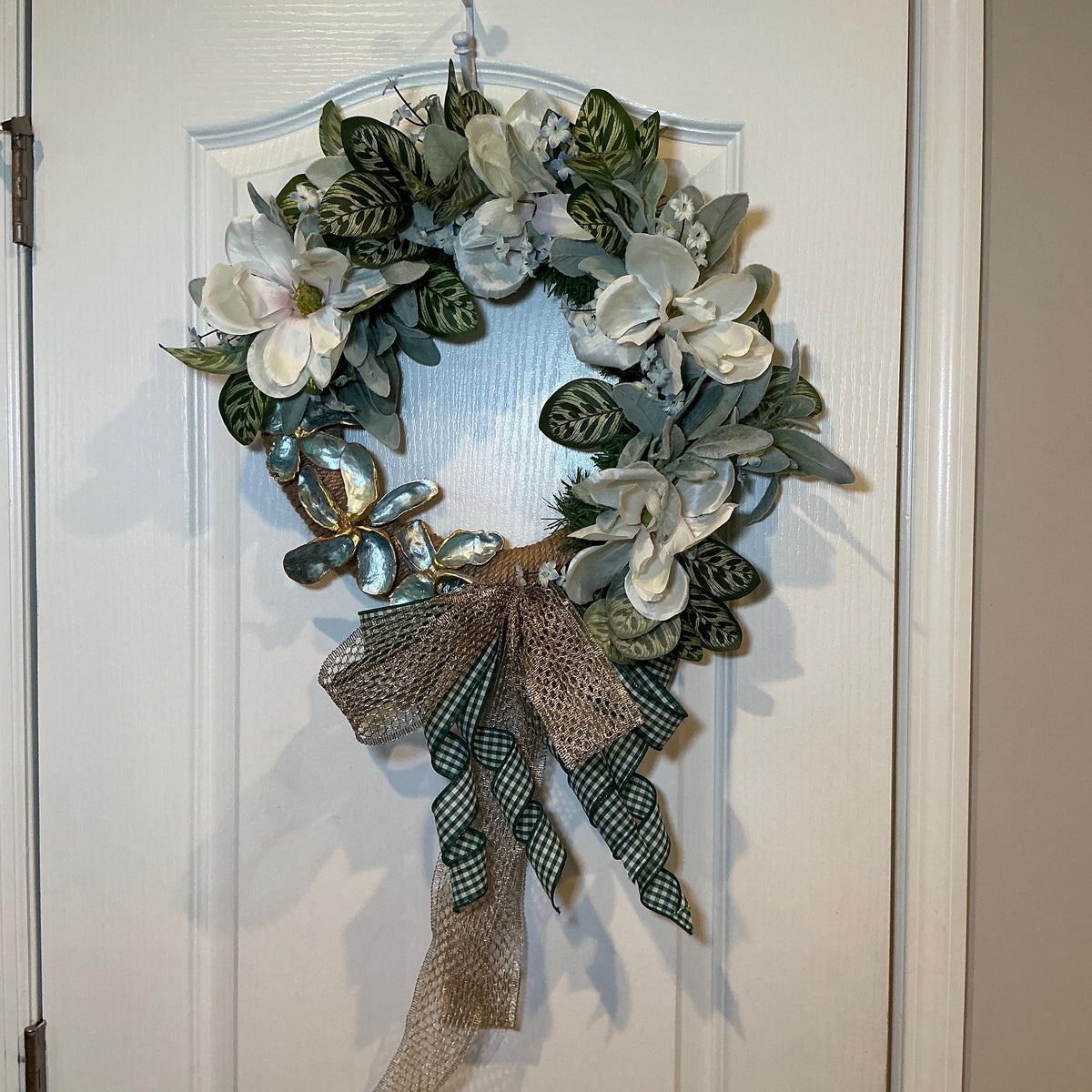 White Magnolia Wreath, Green Gingham Bow, Year-Round Farmhouse Door Decor