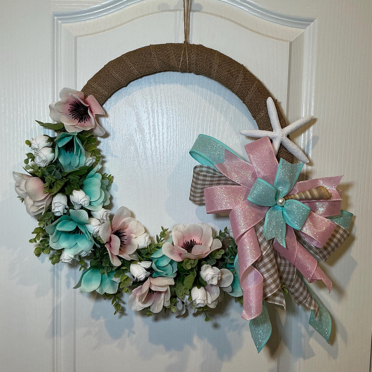 Blush Pink Aqua Coastal Wreath, Burlap Beach House Starfish, Spring Summer Front Door Wreath