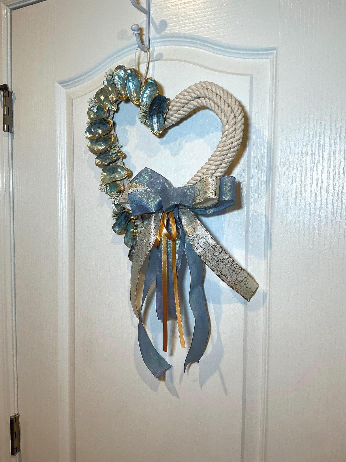 Heart Shaped Oyster Shell Wreath with Rope, Coastal Beach Wall Decor