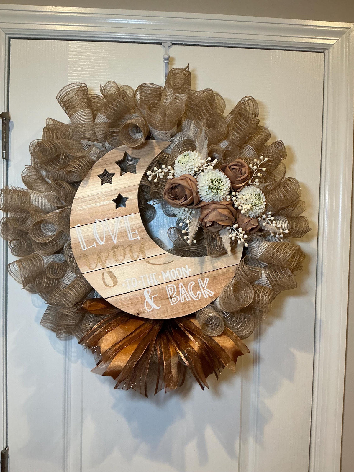 Love You to the Moon Wreath, Farmhouse Front Door Wreath, Burlap Wreath, Caramel Rose Wreath, Wood Moon Sign, Romantic Home Decor