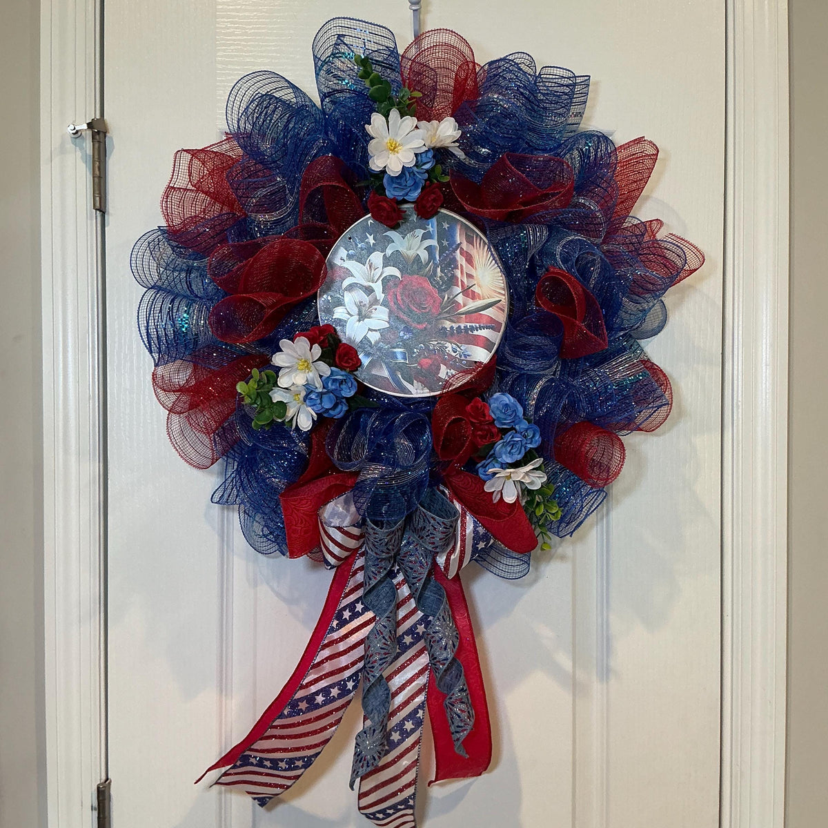 16 Inch Patriotic Floral Flag Wreath with Roses, Hydrangeas and Stars Stripes Bow
