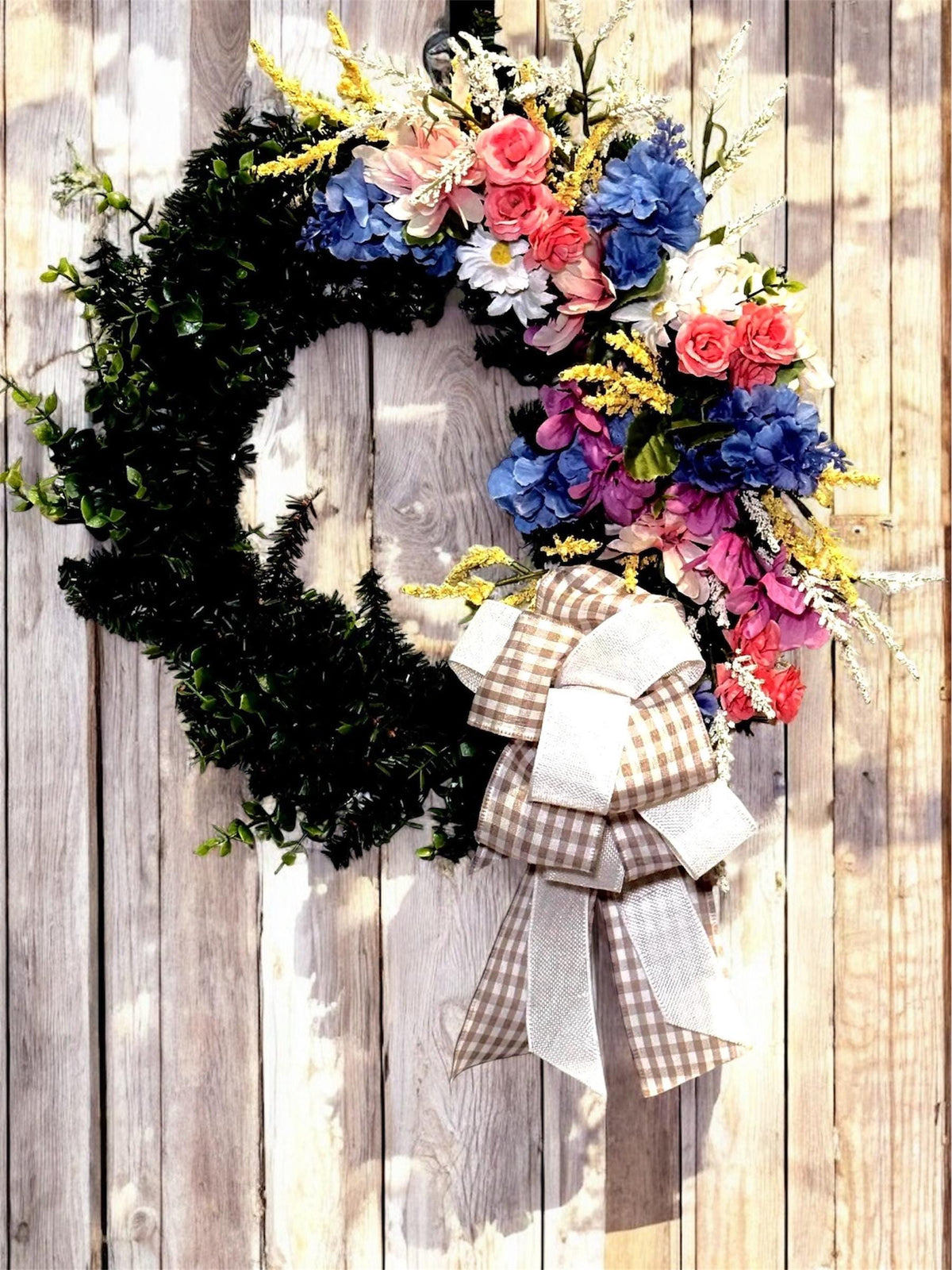 Coral Rose Farmhouse Wreath, Asymmetrical Spring Door Decor, Floral Hanger