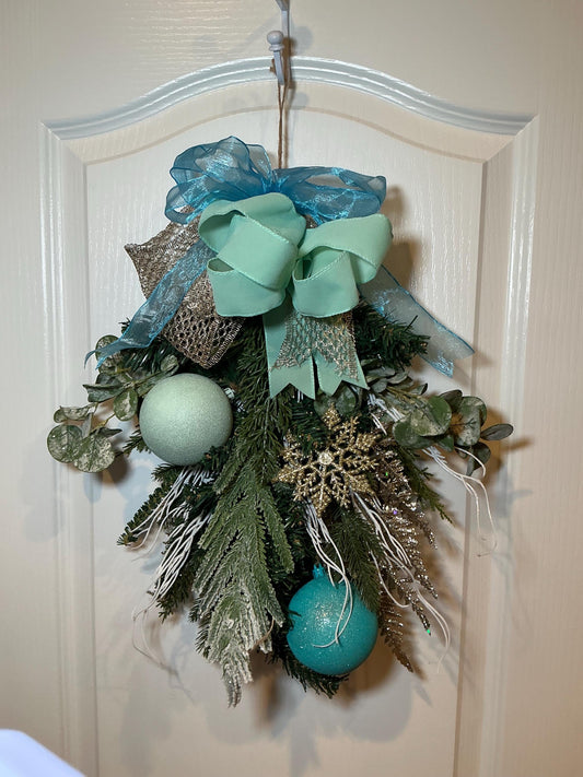 Coastal Christmas Door Swag, Eucalyptus Snowflake, Mint Blue Bow, Holiday Accent