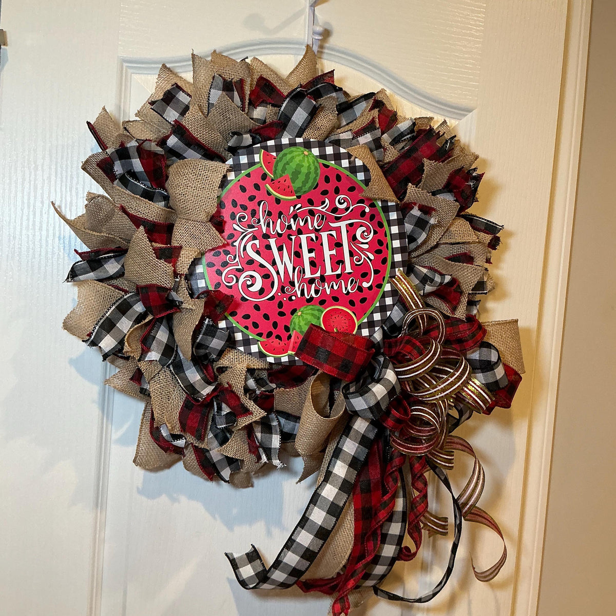 Home Sweet Home Watermelon Wreath with Burlap Buffalo Check, Summer Front Door Decor