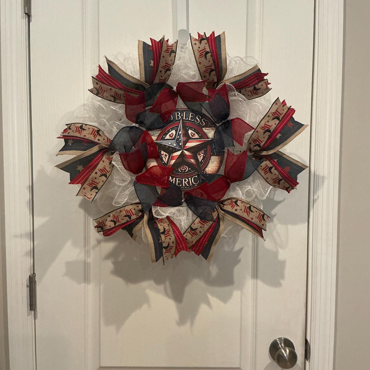 White Deco Mesh Starburst Wreath, God Bless America Wooden Sign, Americana Red White Blue 14 Inch