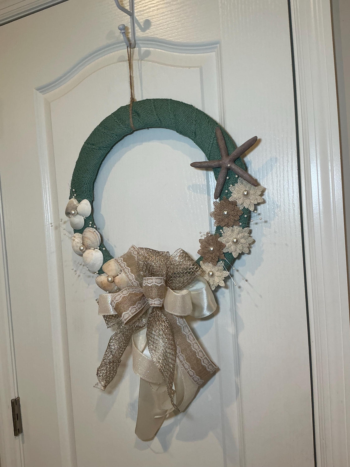 Coastal Wedding Wreath with Seashells, Starfish and Pearl Bow, Beach Bridal Decor